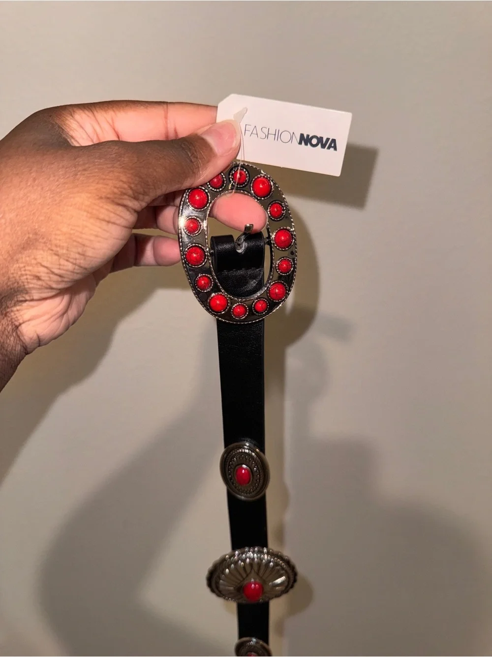 Fashion Nova Black Belt with Red Concho Accents